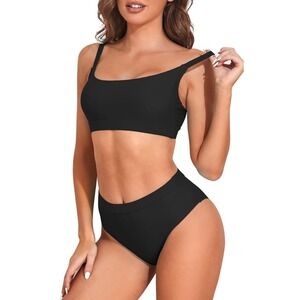 Black Medium High Waist Bikini Set‎ Square Neck Sports Bra Thong Swimsuit Women